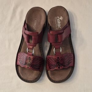 Rieker Women's Burgundy Leather Floral Slide Sandals